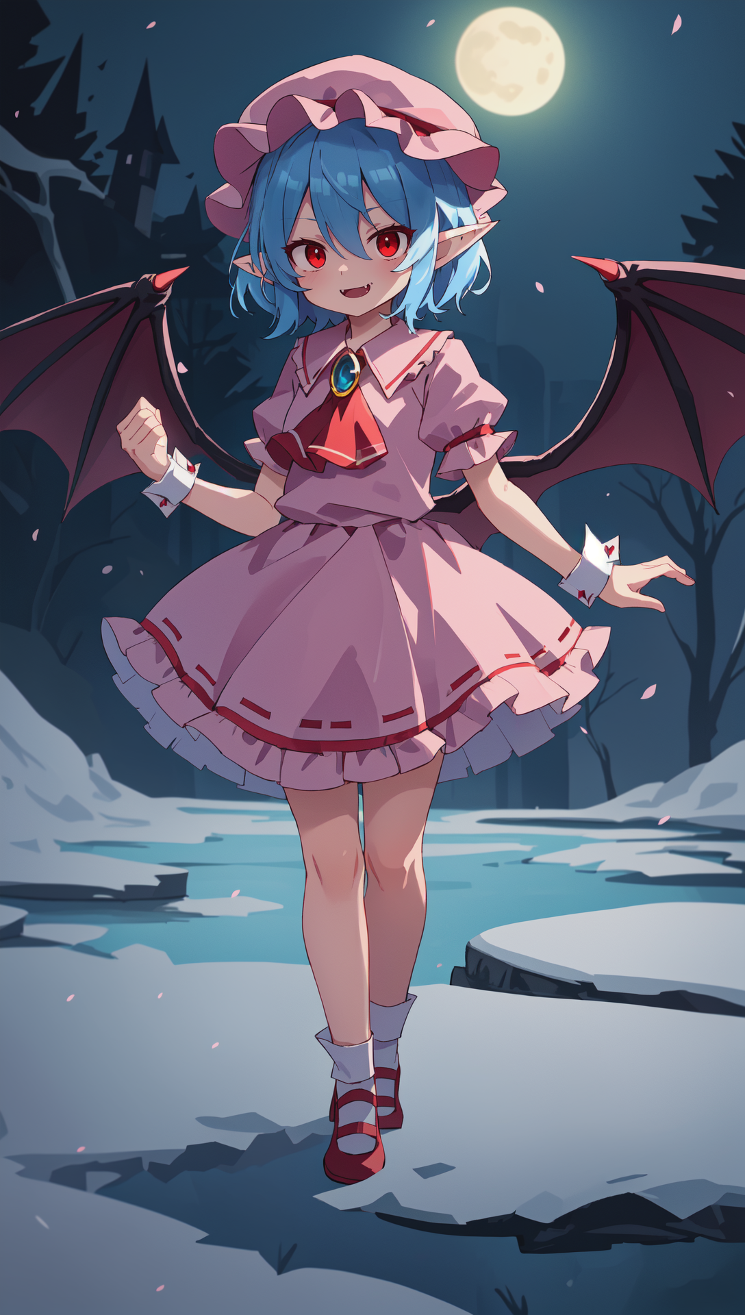 111269-3229850714-remilia scarlet, red ribbon, hair between eyes, blue hair, puffy short sleeves, frills, bow, bangs, hat ribbon, mob cap, fang, r.png